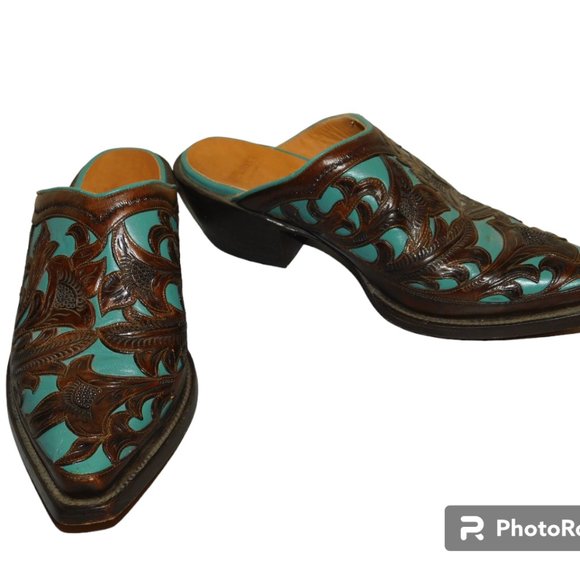 Don Quixote Tooled Leather Western Slip On Boots Mules Made In Mexico Size 8.5 - Picture 1 of 11